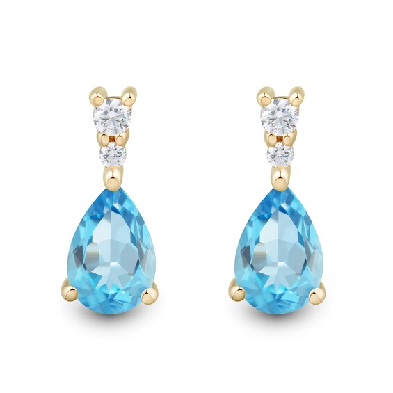 Pear-Shaped Swiss Blue Topaz and White Lab-Created Sapphire Drop Earrings in 10K Gold