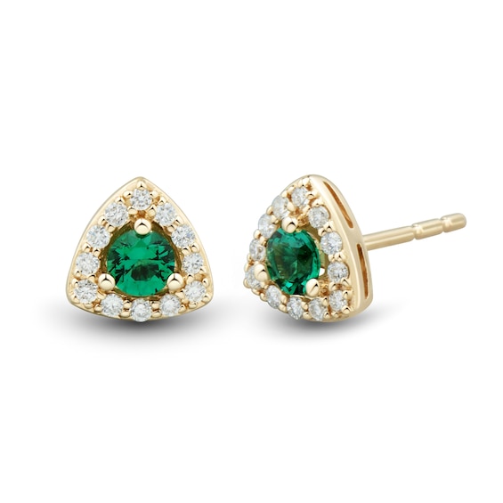 Lab-Created Emerald and White Lab-Created Sapphire Triangle Frame Stud Earrings in 10K Gold