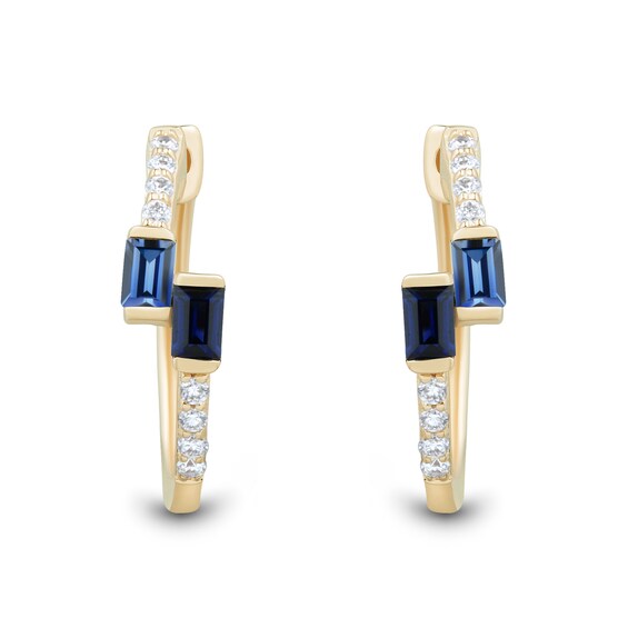 Baguette Ceylon Blue and White Lab-Created Sapphire Bypass Hoop Earrings in 10K Gold