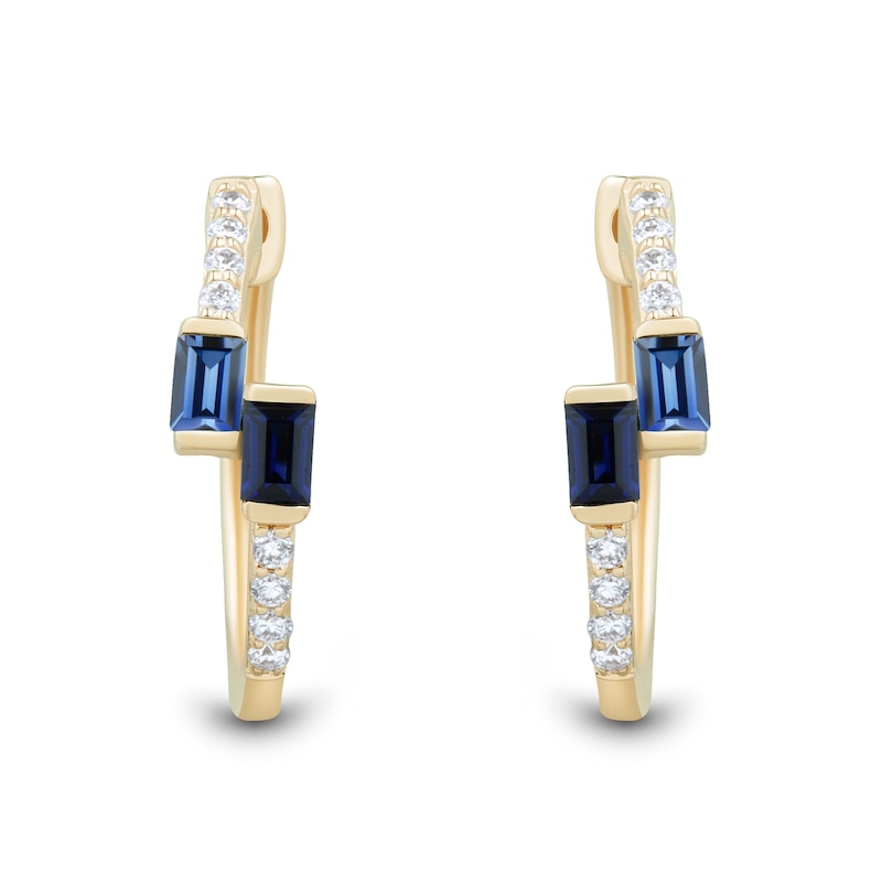 Main Image 2 of Baguette Ceylon Blue and White Lab-Created Sapphire Bypass Hoop Earrings in 10K Gold