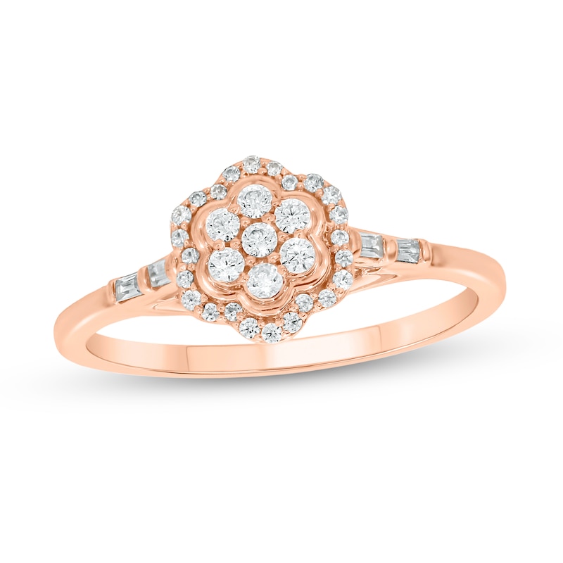 Main Image 1 of 1/4 CT. T.W. Multi-Diamond Double Flower Frame Collar Promise Ring in 10K Rose Gold