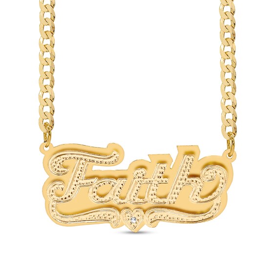 Diamond Accent Name Plate with Heart Ribbon Curb Chain Necklace in Sterling Silver with 14K Gold Plate (1 Line)