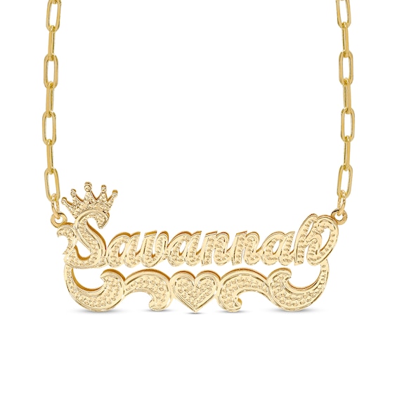 Hammered Crown Name with Scrollwork Paper Clip Chain Necklace in Sterling Silver with 14K Gold Plate (1 Line)