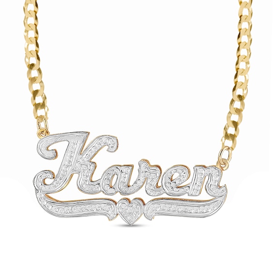 1/15 CT. T.w. Diamond Name with Heart Ribbon Curb Chain Necklace in Sterling Silver and 14K Gold Plate (1 Line)