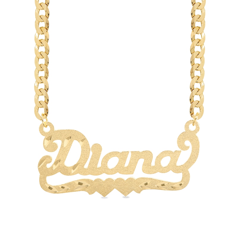 Diamond-Cut and Satin Script Name with Double Heart Ribbon Necklace in Sterling Silver with 14K Gold Plate (1 Line)