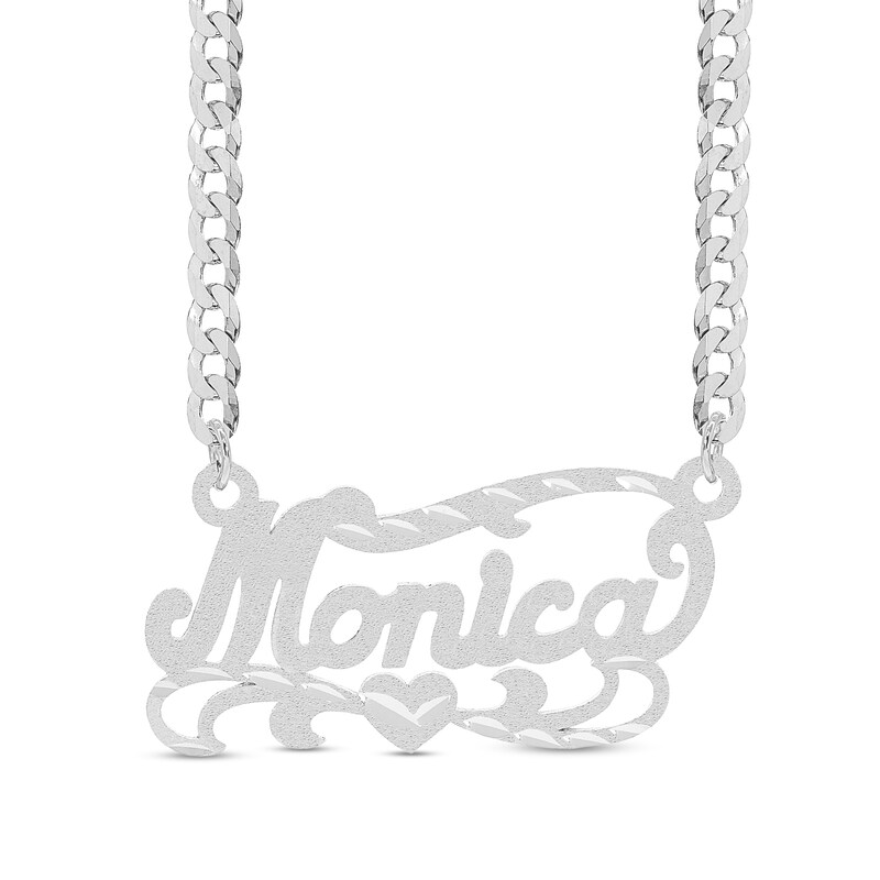Main Image 1 of Satin Script Name with Diamond-Cut Heart Scrollwork Necklace in Sterling Silver (1 Line)