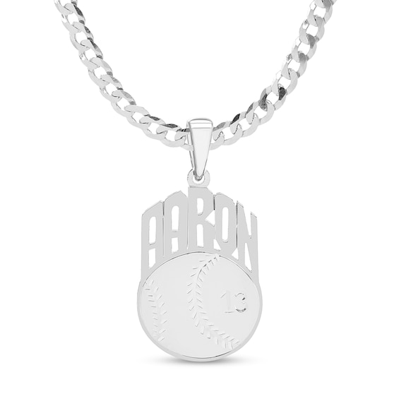 Engravable Name and Number Baseball Pendant in Sterling Silver (1 Line & Number)
