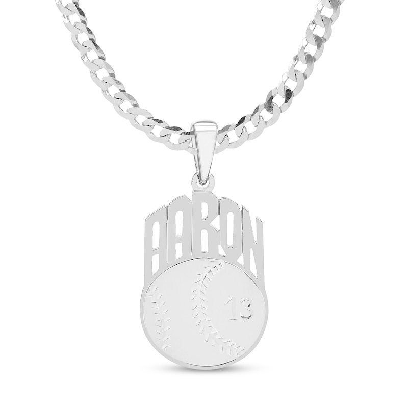 Engravable Name and Number Baseball Pendant in Sterling Silver (1 Line & Number)