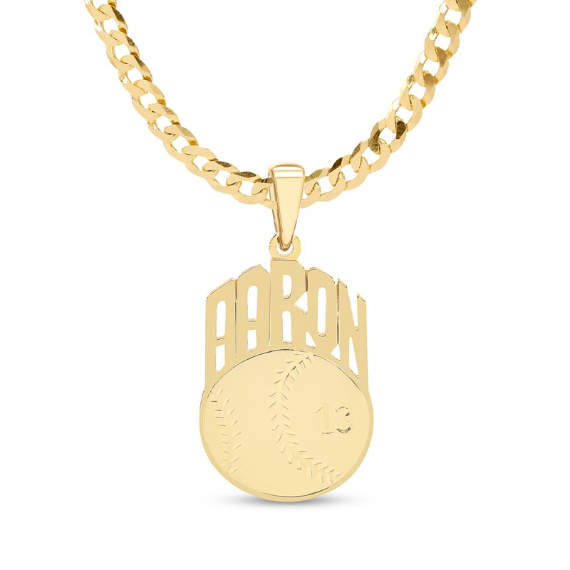 Engravable Name and Number Baseball Pendant in Sterling Silver with 14K Gold Plate (1 Line & Number)