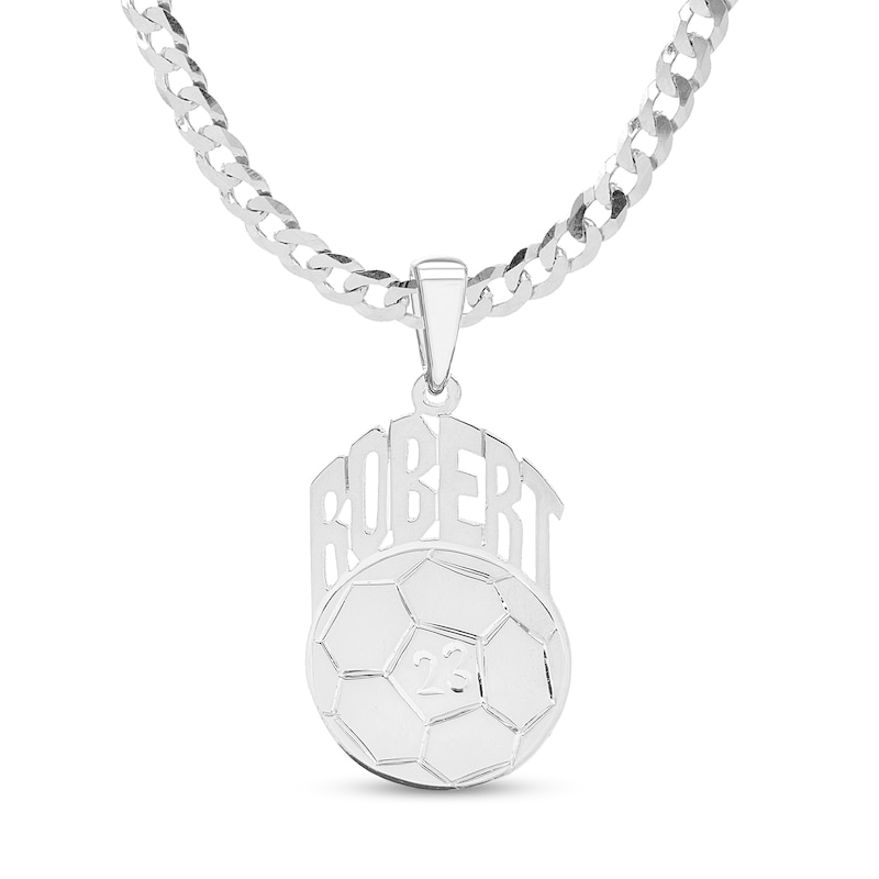 Engravable Name and Number Soccer Ball Pendant in Sterling Silver (1 Line & Number)