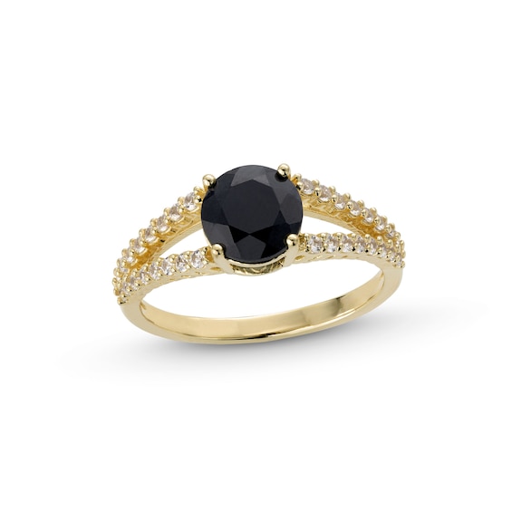 7.0mm Natural Black Sapphire and White Lab-Created Sapphire Split Shank Ring in Sterling Silver with 18K Gold Plate