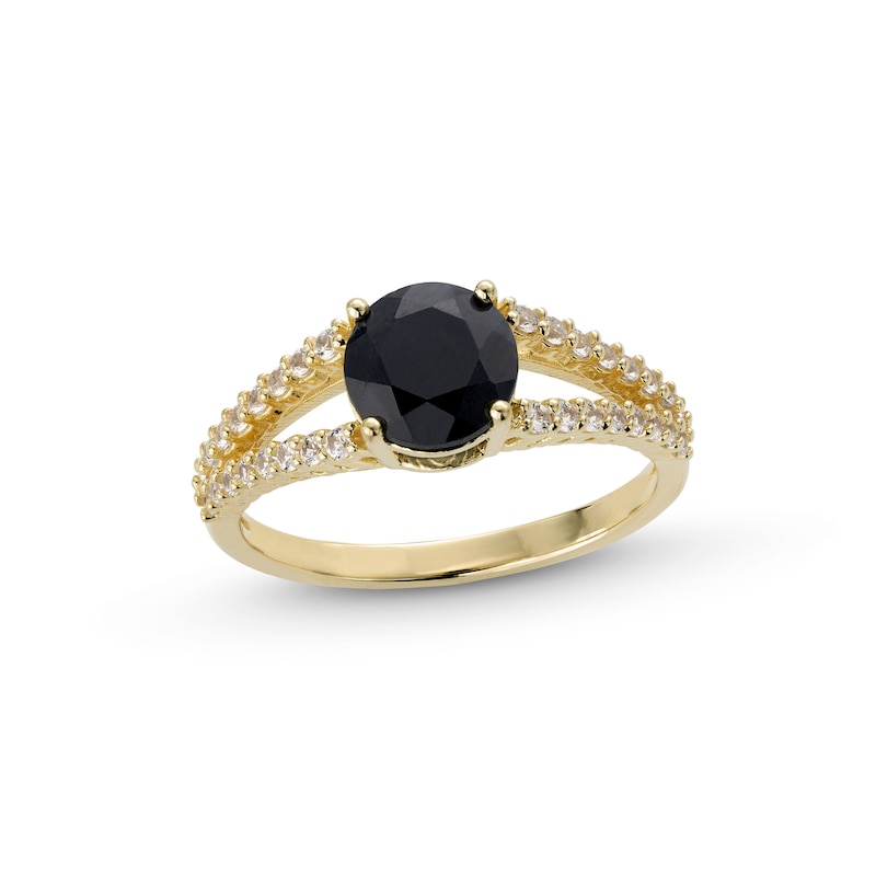 Main Image 1 of 7.0mm Natural Black Sapphire and White Lab-Created Sapphire Split Shank Ring in Sterling Silver with 18K Gold Plate