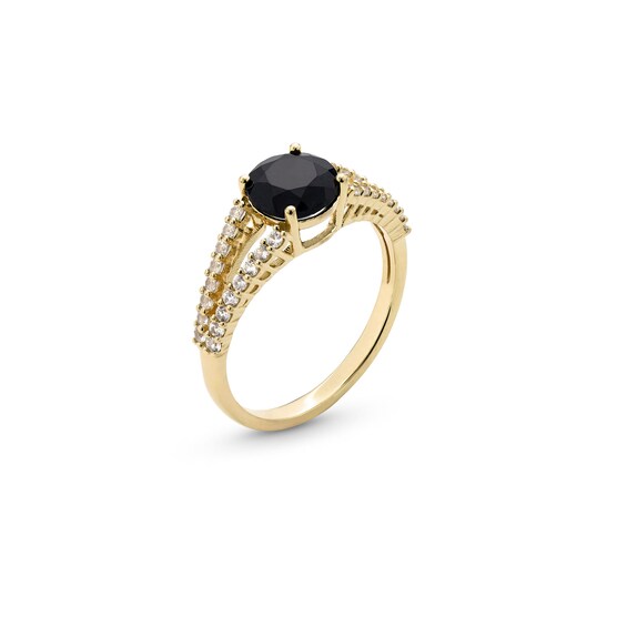 7.0mm Natural Black Sapphire and White Lab-Created Sapphire Split Shank Ring in Sterling Silver with 18K Gold Plate