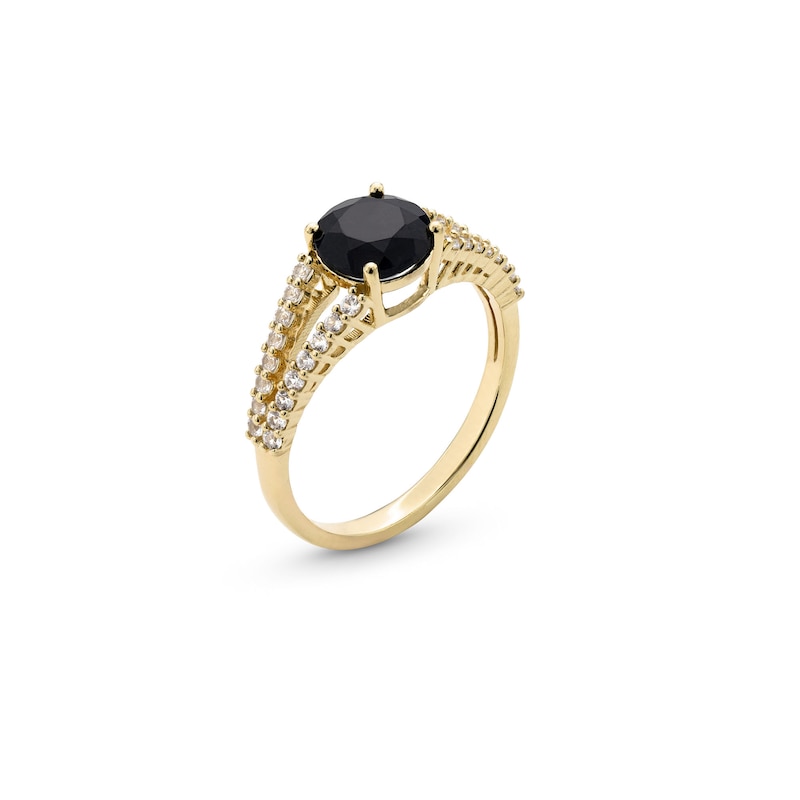 Main Image 3 of 7.0mm Natural Black Sapphire and White Lab-Created Sapphire Split Shank Ring in Sterling Silver with 18K Gold Plate