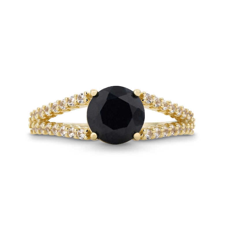 Main Image 4 of 7.0mm Natural Black Sapphire and White Lab-Created Sapphire Split Shank Ring in Sterling Silver with 18K Gold Plate