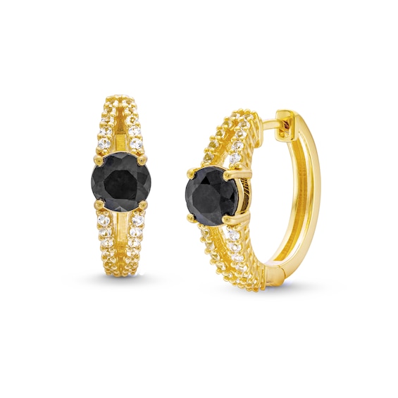 Natural Black Sapphire and White Lab-Created Sapphire Split Huggie Hoop Earrings in Sterling Silver with 18K Gold Plate