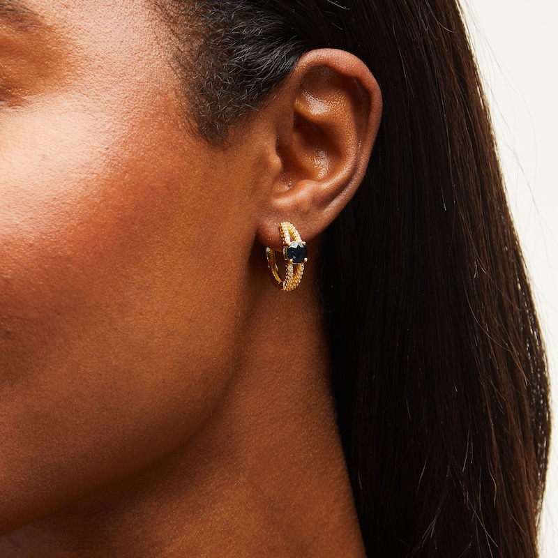 Main Image 2 of Natural Black Sapphire and White Lab-Created Sapphire Split Huggie Hoop Earrings in Sterling Silver with 18K Gold Plate