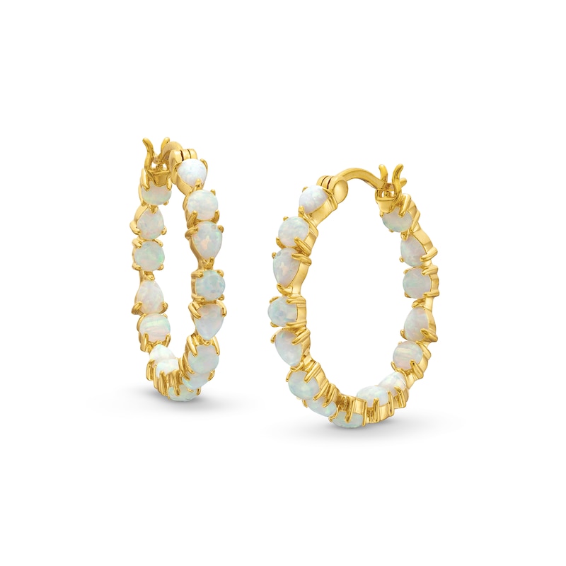 Main Image 1 of Pear-Shaped and Round Lab-Created Opal Inside-Out Hoop Earrings in Sterling Silver with 18K Gold Plate