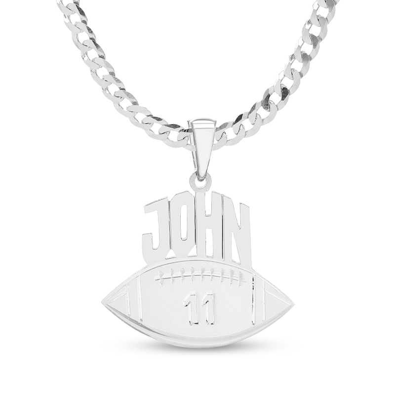 Engravable Name and Number Football Pendant in Sterling Silver (1 Line & Number)