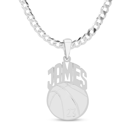 Engravable Name and Number Basketball Pendant in Sterling Silver (1 Line & Number)