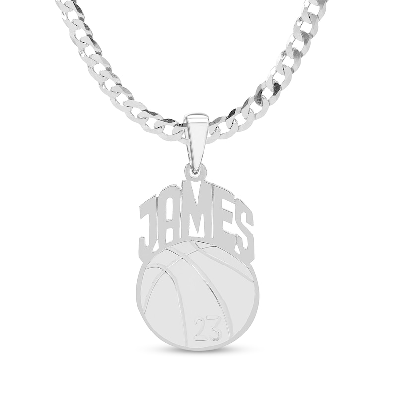 Engravable Name and Number Basketball Pendant in Sterling Silver (1 Line & Number)