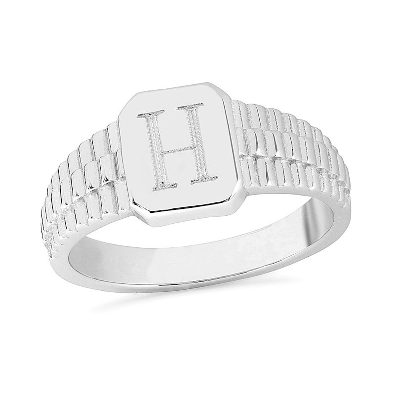 Main Image 1 of Engravable Initial Mesh Shank Octagonal Signet Ring in Sterling Silver (1 Initial)