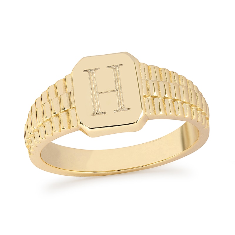 Main Image 1 of Engravable Initial Mesh Shank Octagonal Signet Ring in Sterling Silver with 14K Gold Plate (1 Initial)