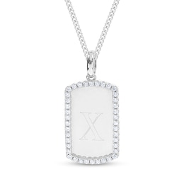 Engravable Initial Cubic Zirconia Edge Dog Tag Pendant in Sterling Silver (1 Initial)