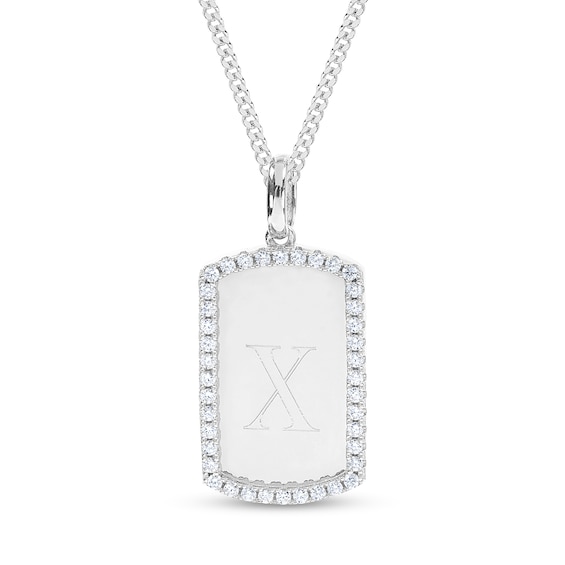 Engravable Initial Cubic Zirconia Edge Dog Tag Pendant in Sterling Silver (1 Initial)