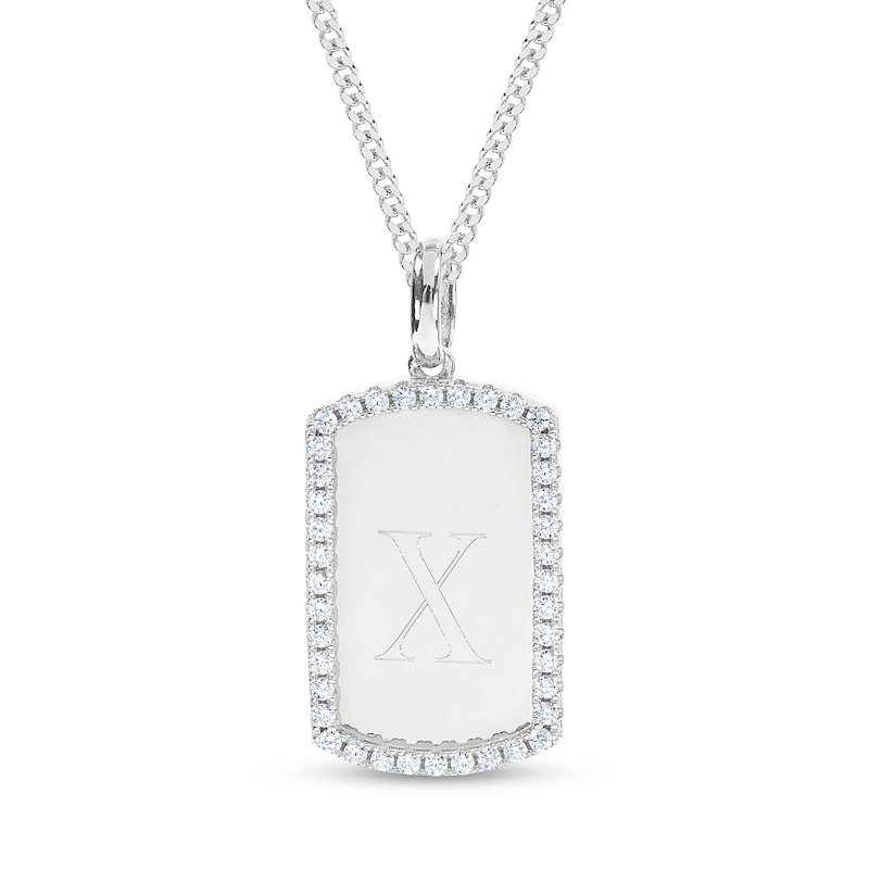Main Image 1 of Engravable Initial Cubic Zirconia Edge Dog Tag Pendant in Sterling Silver (1 Initial)
