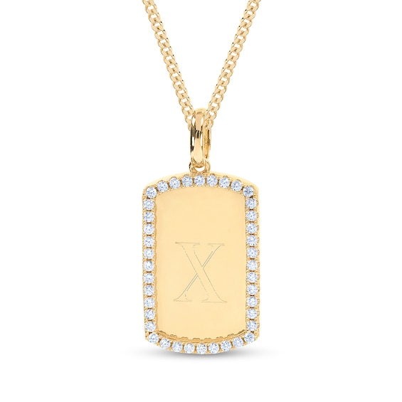 Engravable Initial Cubic Zirconia Edge Dog Tag Pendant in Sterling Silver with 14K Gold Plate (1 Initial)