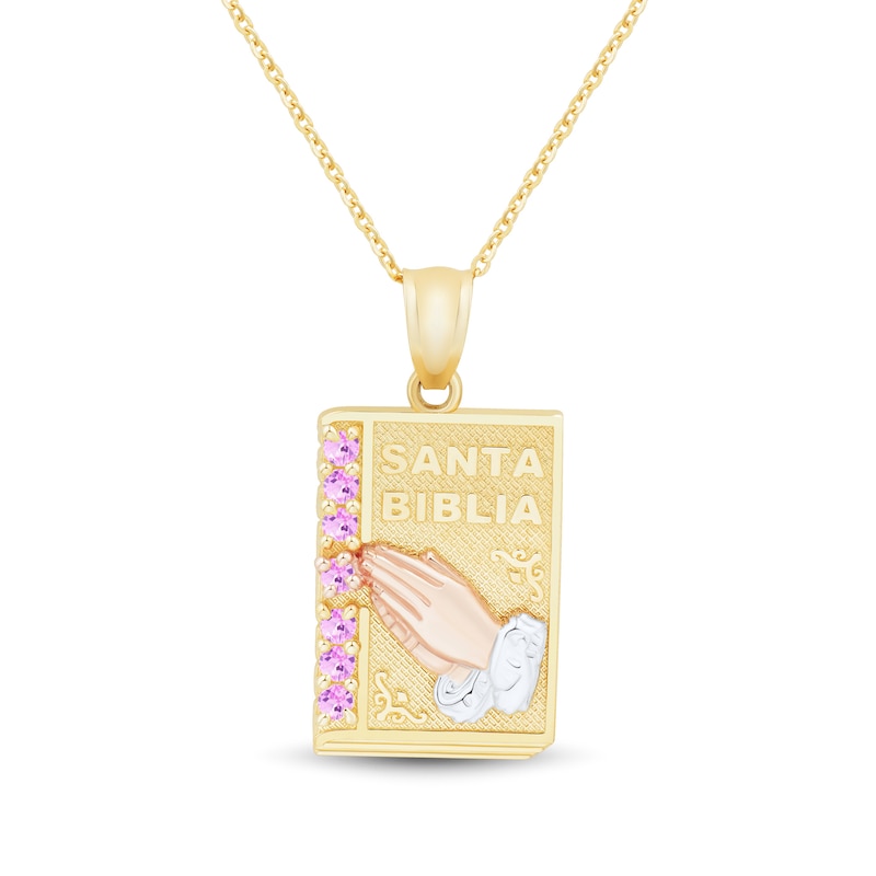 Main Image 1 of Pink Lab-Created Sapphire Santa Biblia with Praying Hands Pendant in 10K Tri-Tone Gold