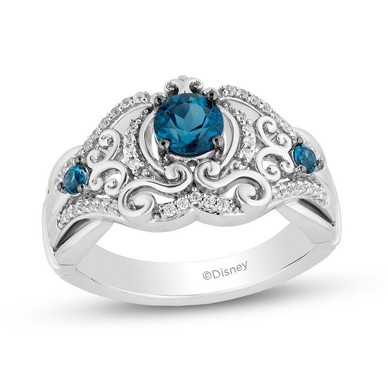 Enchanted Disney Cinderella London Blue Topaz and 1/6 CT. T.W. Diamond Ornate Carriage Ring in Sterling Silver