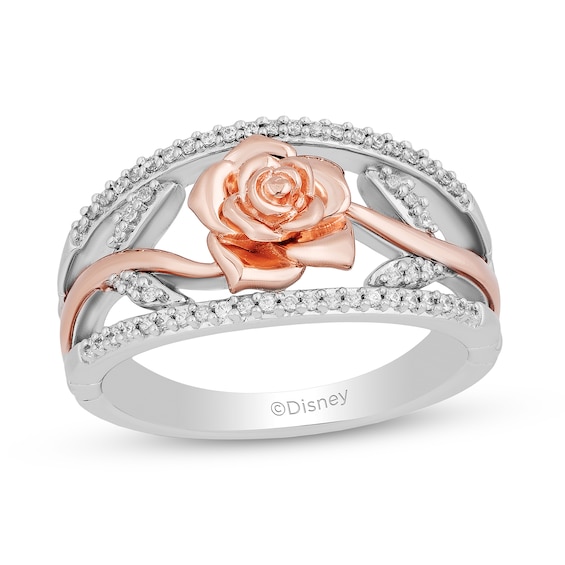 Enchanted Disney Belle 1/5 CT. T.w. Diamond Rose Open Shank Ring in Sterling Silver and 10K Rose Gold