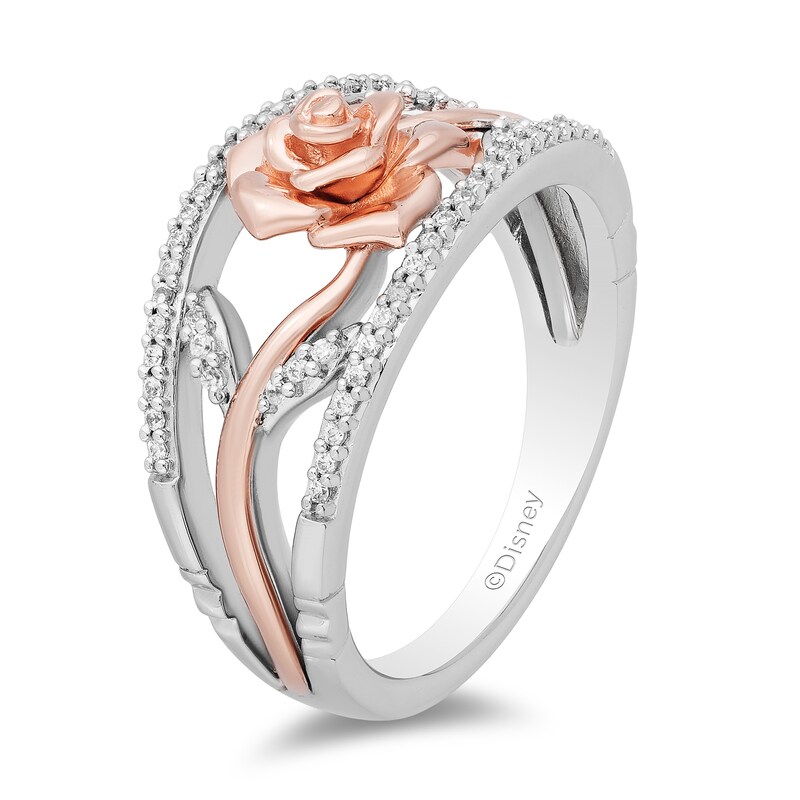 Main Image 2 of Enchanted Disney Belle 1/5 CT. T.W. Diamond Rose Open Shank Ring in Sterling Silver and 10K Rose Gold