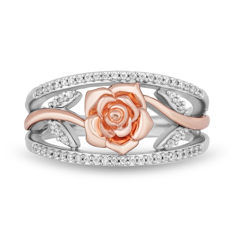 Main Image 4 of Enchanted Disney Belle 1/5 CT. T.W. Diamond Rose Open Shank Ring in Sterling Silver and 10K Rose Gold