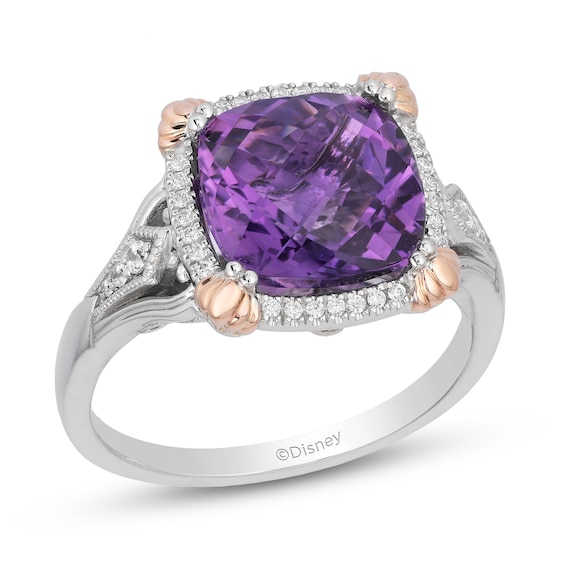 Enchanted Disney Ariel Cushion-Cut Amethyst and Diamond Frame Split Shank Ring in Sterling Silver and 10K Rose Gold