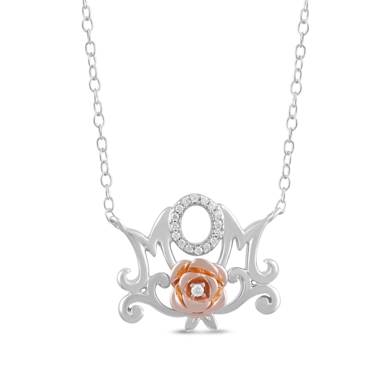 Enchanted Disney Belle 1/20 CT. T.w. Diamond Mom with Rose Necklace in Sterling Silver and 10K Rose Gold