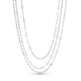 Layered Triple Strand Paper Clip and Mirror Chain Necklace in Solid Sterling Silver - 22"