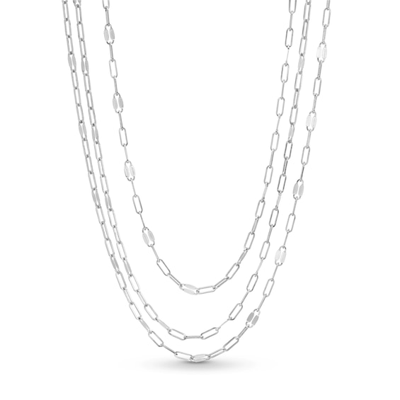 Layered Triple Strand Paper Clip and Mirror Chain Necklace in Solid Sterling Silver - 22"