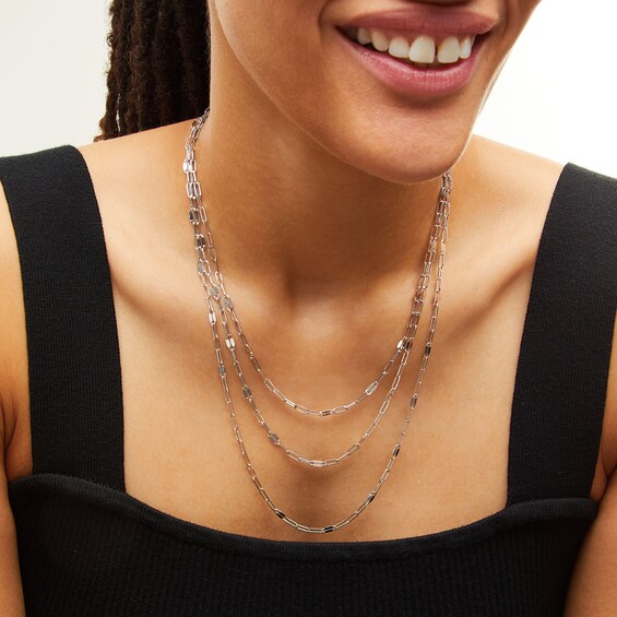 Layered Triple Strand Paper Clip and Mirror Chain Necklace in Solid Sterling Silver - 22"