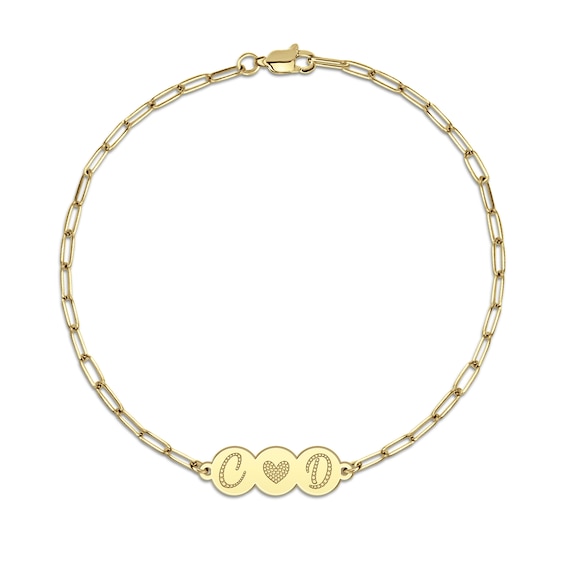 Couple's Engravable Beaded Initial with Heart Paper Clip Chain Bracelet (2 Initials) - 7.25"
