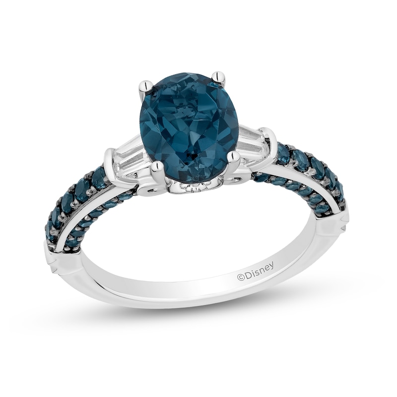 Enchanted Disney Cinderella Oval London Blue Topaz and 1/8 CT. T.W. Diamond Collar Engagement Ring in 14K White Gold