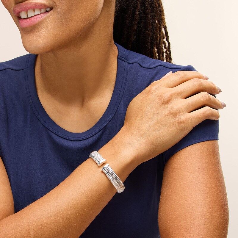 Main Image 2 of 11.0mm Ribbed Open Cuff Bangle in Hollow Sterling Silver