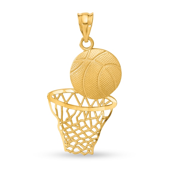 Diamond-Cut Basketball and Net Necklace Charm in Solid 14K Gold