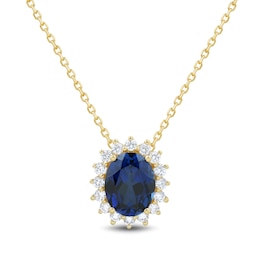 Oval Blue Lab-Created Sapphire and 1/3 CT. T.W. Certified Lab-Grown Diamond Sunburst Frame Pendant in 10K Gold