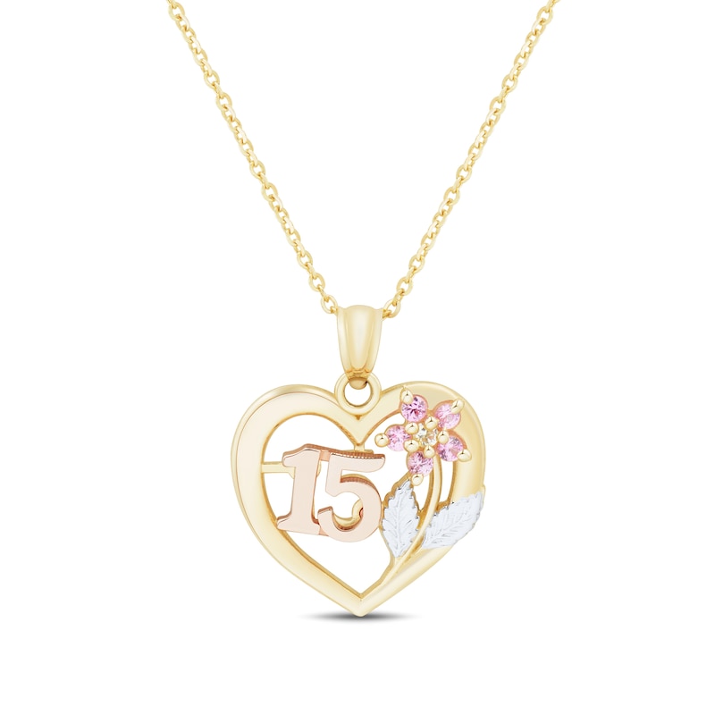 Main Image 1 of Pink and White Lab-Created Sapphire "15" Heart with Flower Pendant in 10K Tri-Tone Gold
