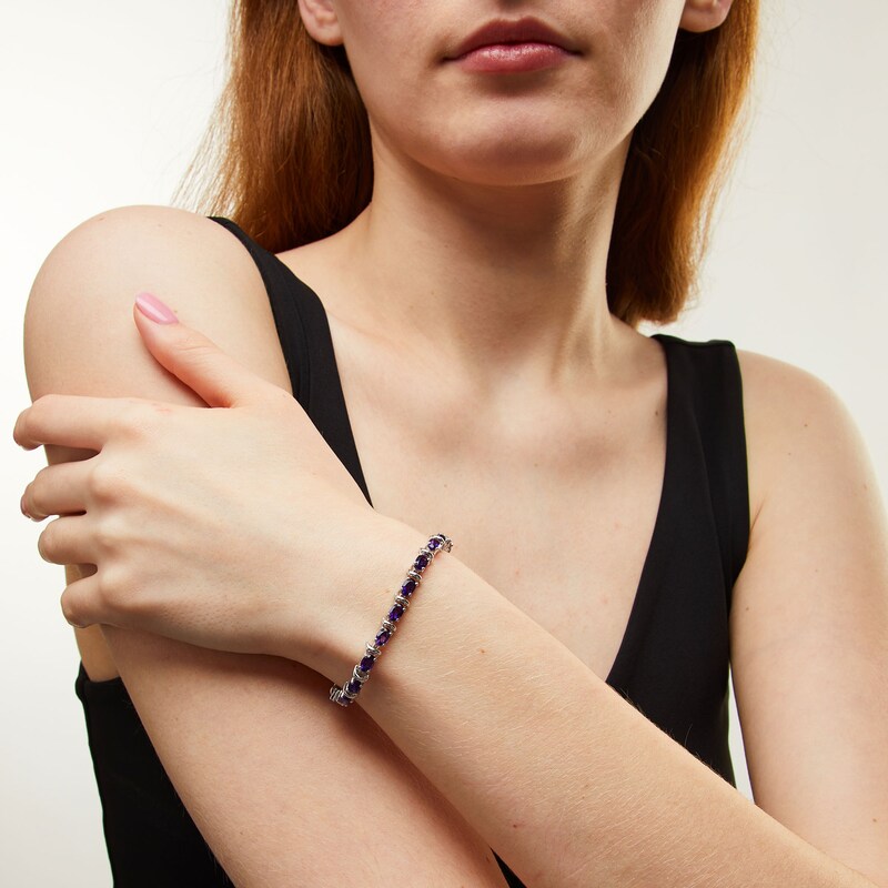 Main Image 2 of Oval Amethyst Alternating Bracelet in Sterling Silver - 7.25&quot;