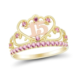 Pink Lab-Created Sapphire Quinceañera "15" Heart Crown Ring in 10K Two-Tone Gold
