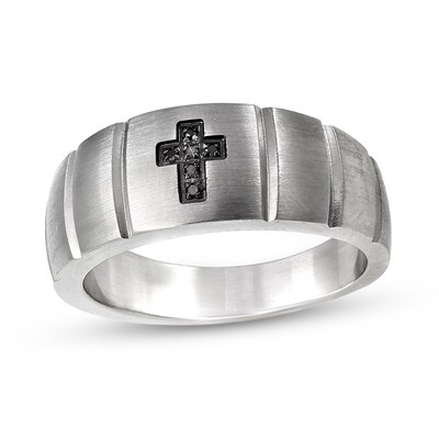 Men's Cubic Zirconia Cross Shield Ring - 316L Stainless Steel, Silver/Black, Sizes 8-15
